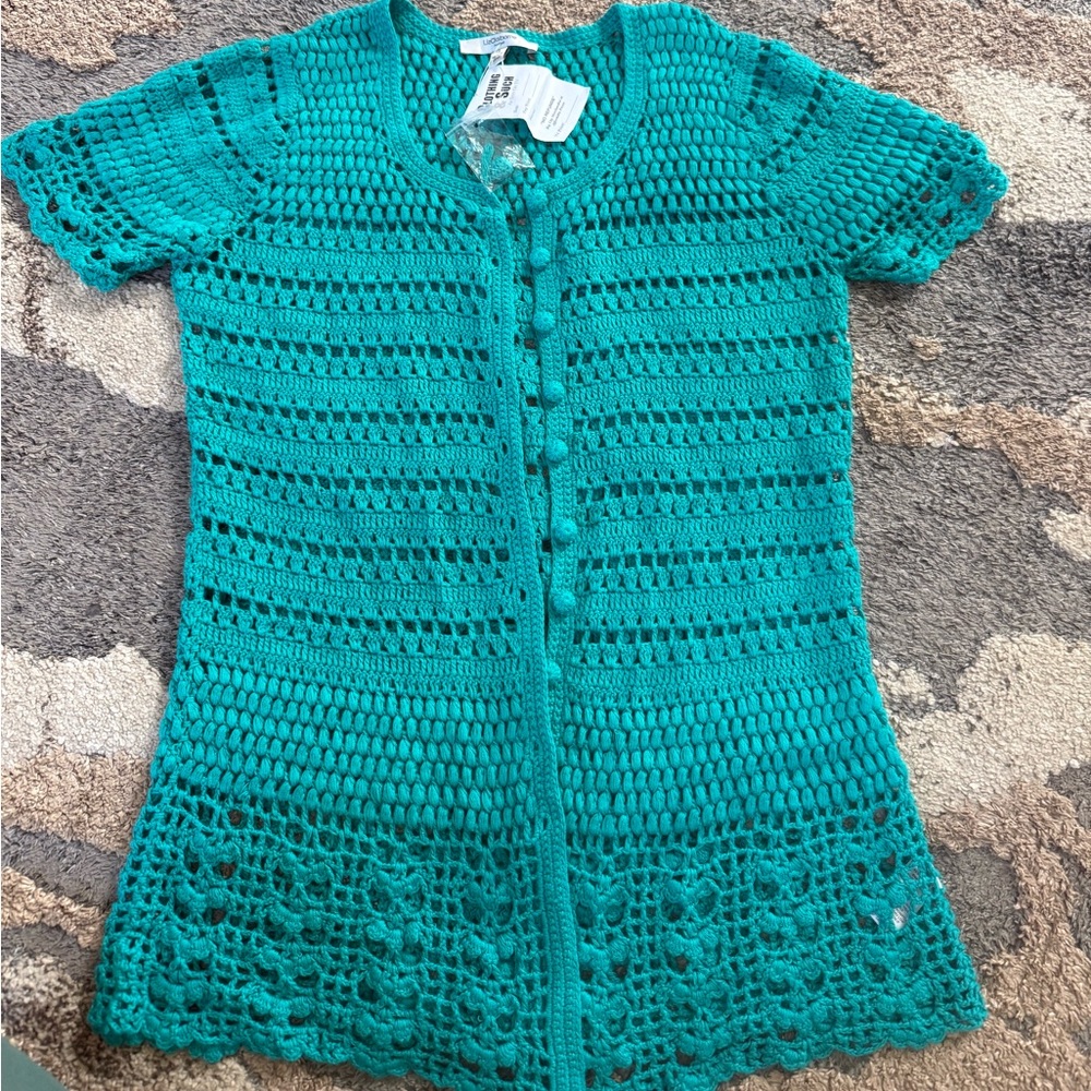 Liz Claiborne Teal Crochet Short Sleeve Cardigan NWT